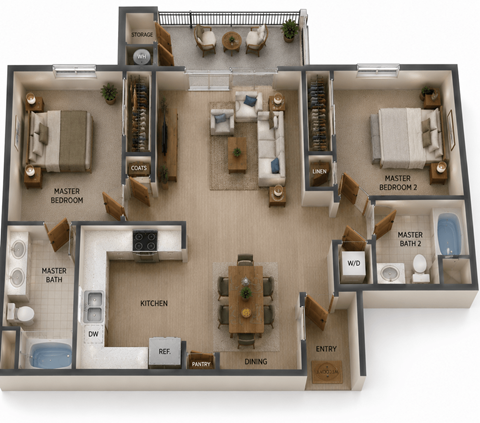 Floor plan for 3 beds, 2 baths, 1086 sqft